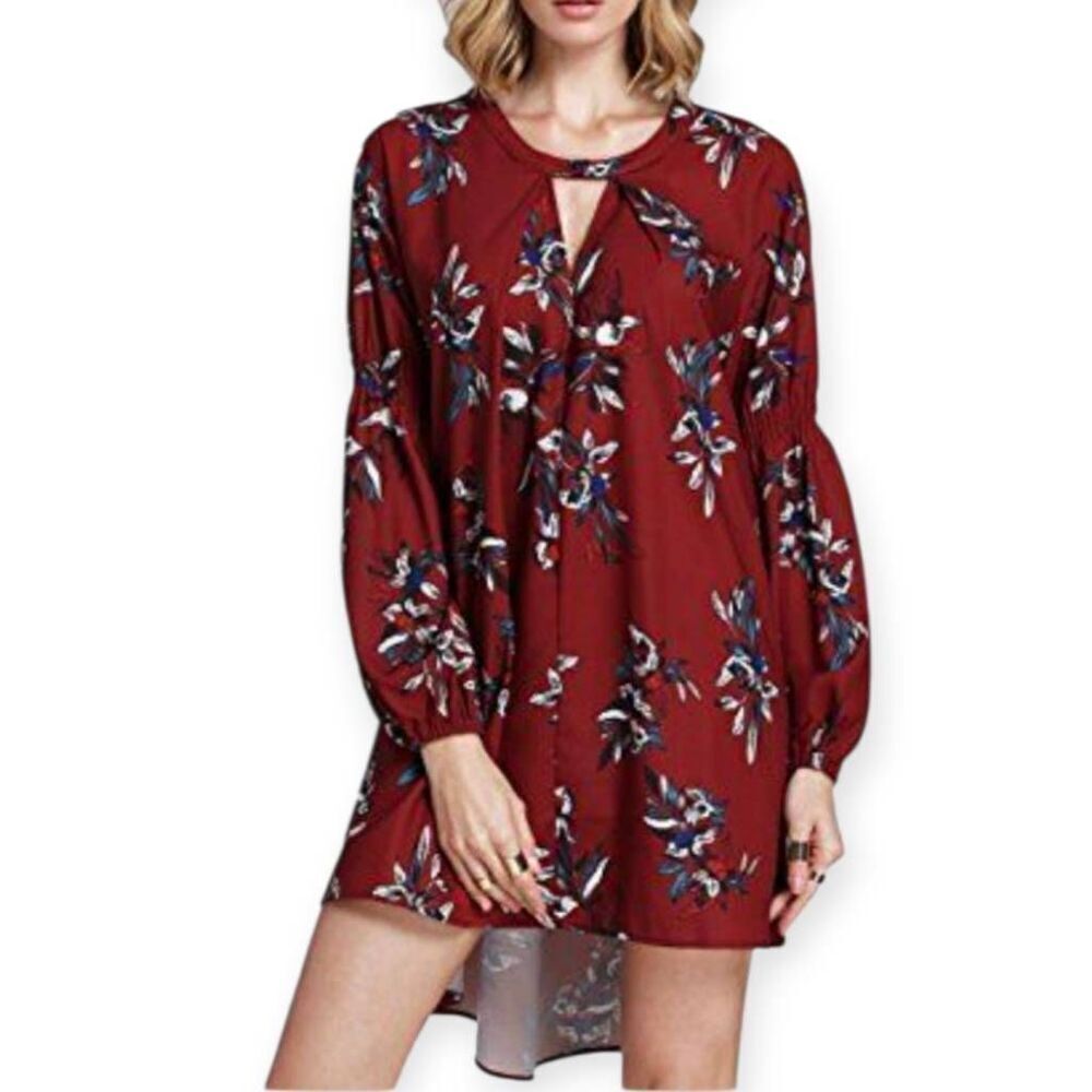 BURGUNDY FLORAL TUNIC DRESS SZ.S EUC